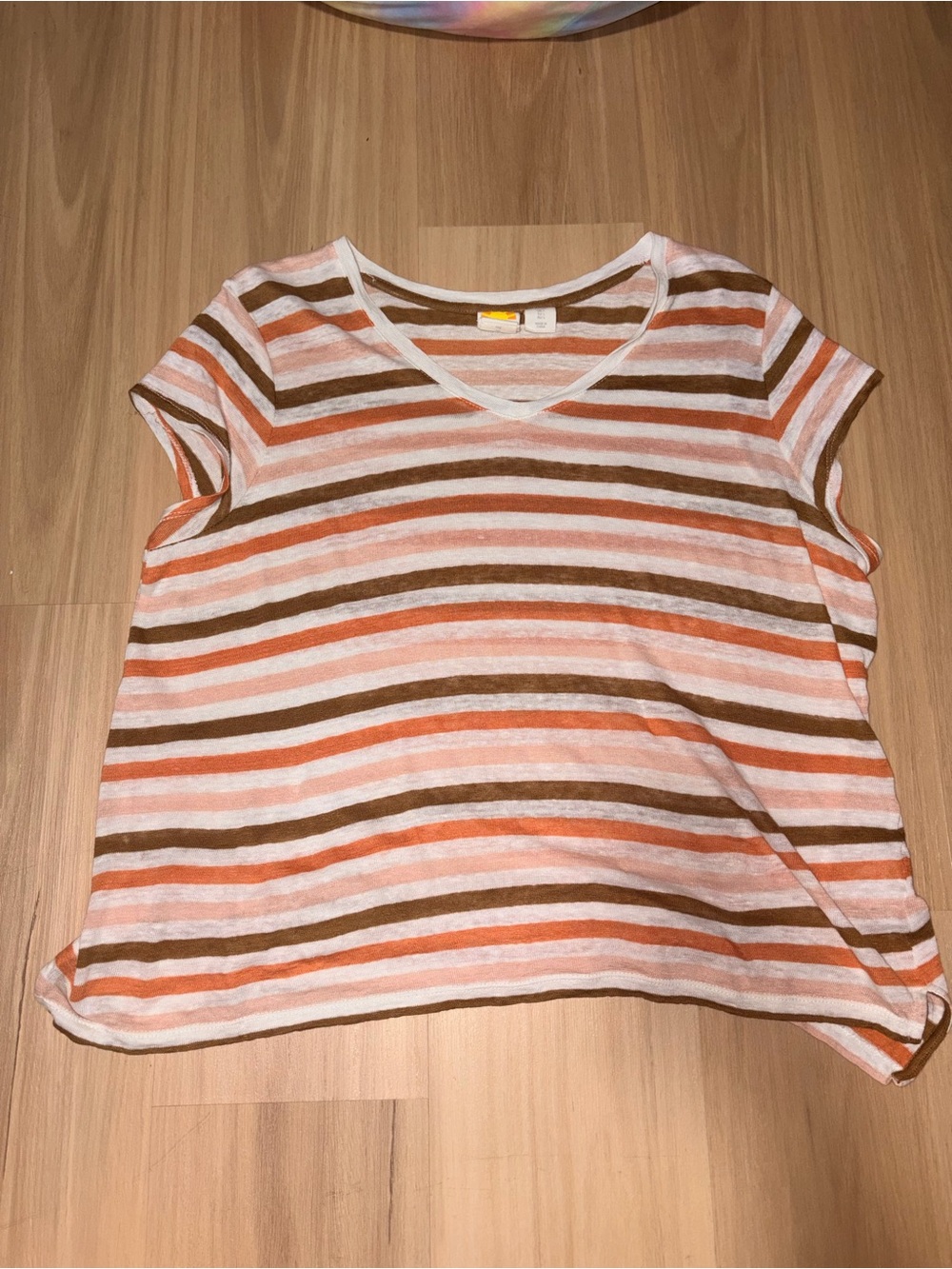 C&C California Striped V-Neck Tee in Peach, Brown & White